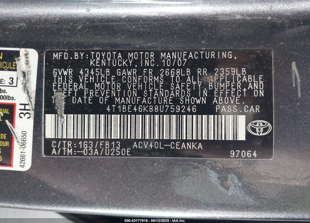 2008 TOYOTA CAMRY LE VIN: 4T1BE46K88U759246