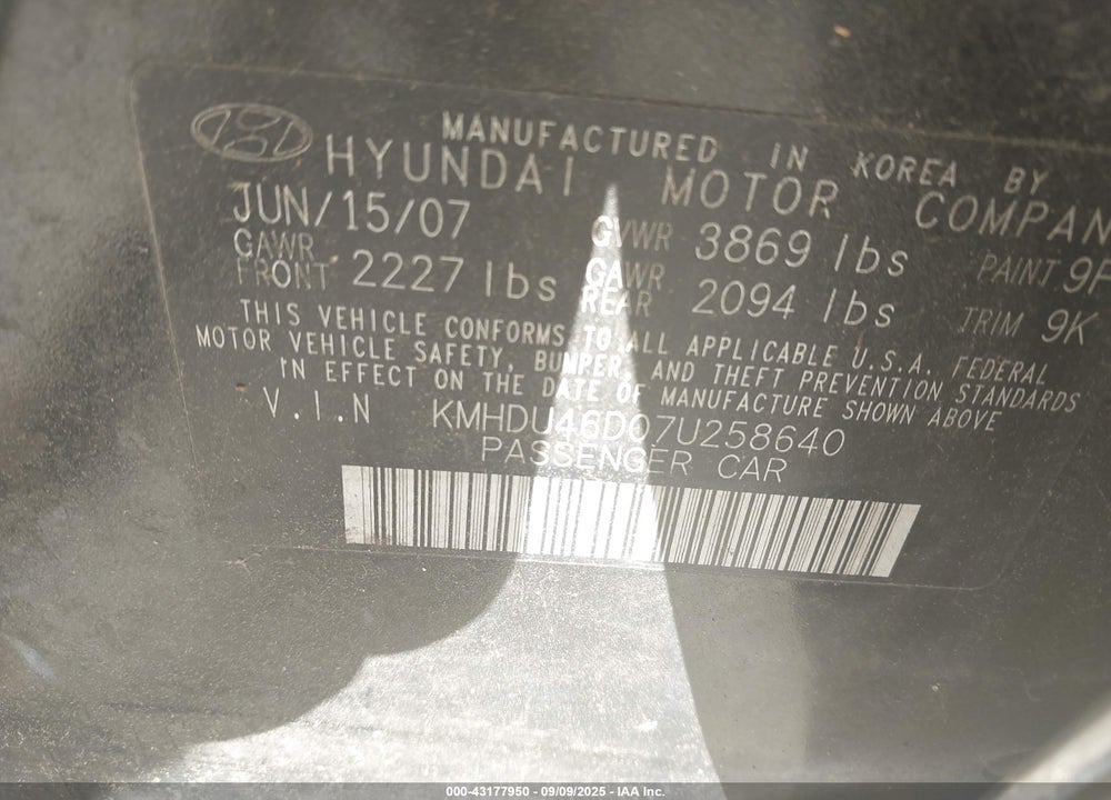 2007 HYUNDAI ELANTRA GLS/LIMITED/SE VIN: KMHDU46D07U258640