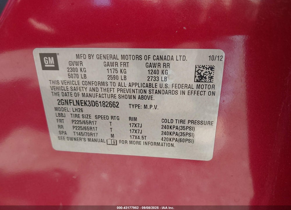 2013 CHEVROLET EQUINOX VIN: 2GNFLNEK3D6182662