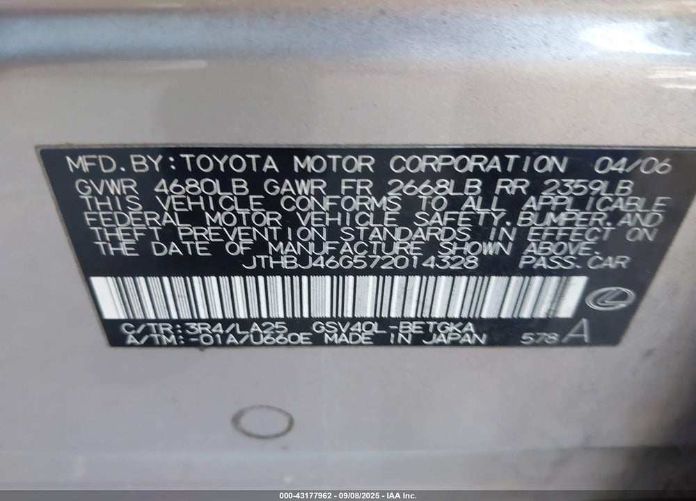 2007 LEXUS ES 350 VIN: JTHBJ46G572014328