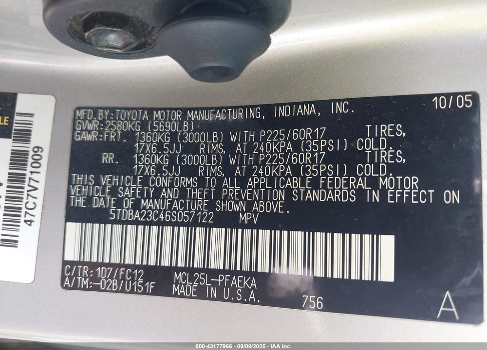 2006 TOYOTA SIENNA VIN: 5TDBA23C46S057122