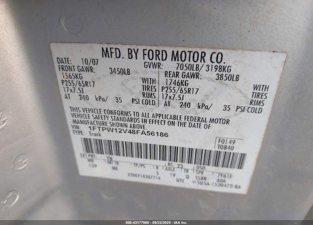 2008 FORD F-150 60TH ANNIVERSARY/FX2/KING RANCH/LARIAT/XLT VIN: 1FTPW12V48FA56186