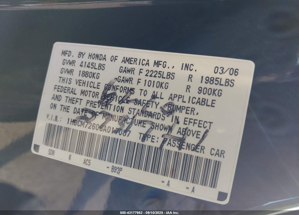 2006 HONDA ACCORD VIN: 1HGCM72606A017087