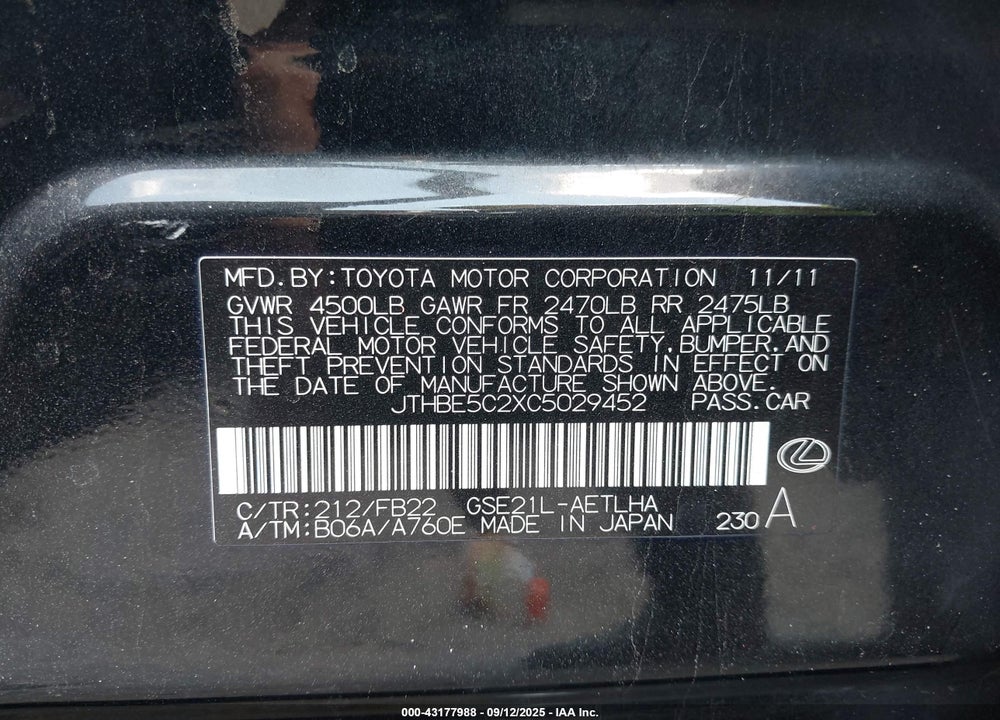 2012 LEXUS IS 350 VIN: JTHBE5C2XC5029452