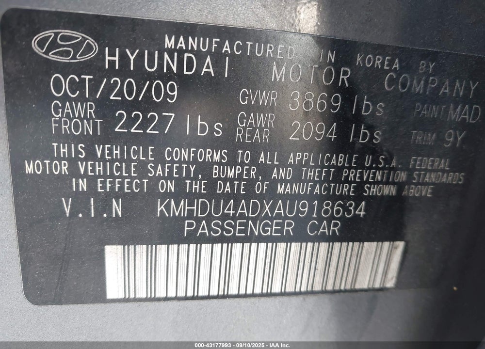 2010 HYUNDAI ELANTRA GLS VIN: KMHDU4ADXAU918634