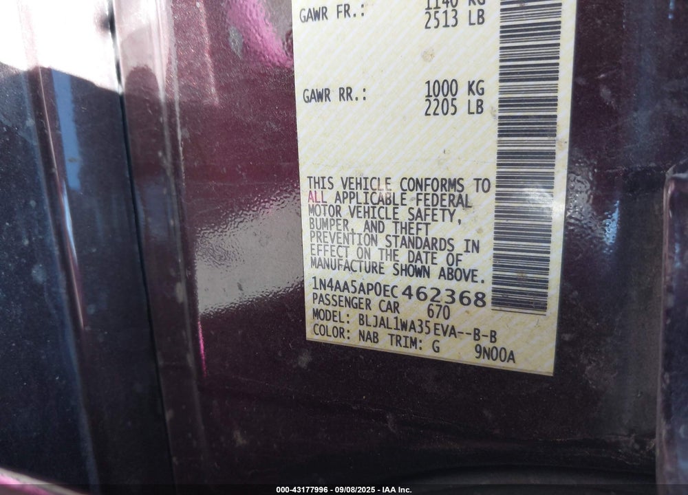 2014 NISSAN MAXIMA 3.5 SV VIN: 1N4AA5AP0EC462368