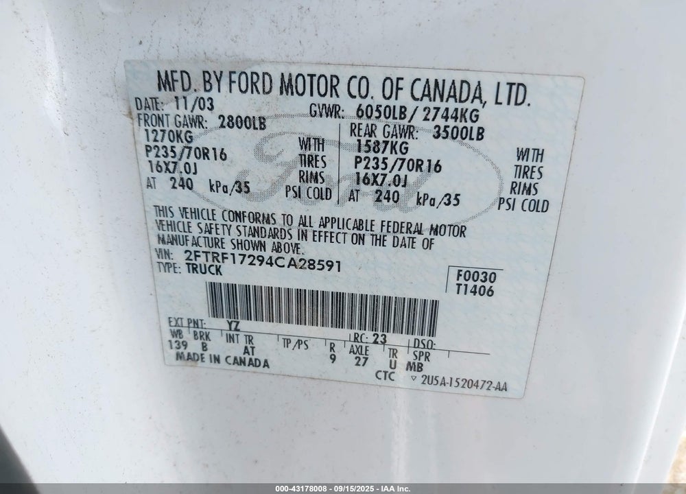 2004 FORD F-150 HERITAGE XL/XLT VIN: 2FTRF17294CA28591