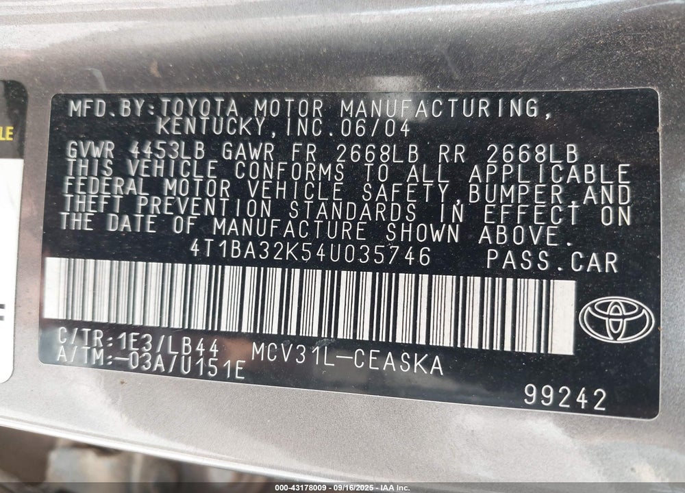 2004 TOYOTA CAMRY SE V6 VIN: 4T1BA32K54U035746