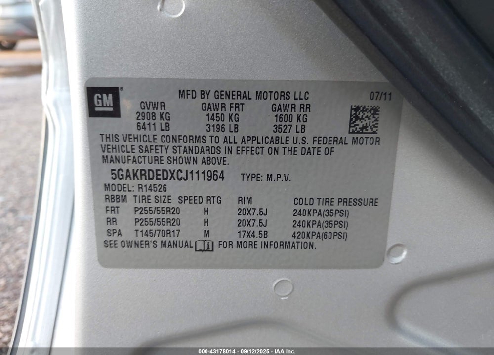 2012 BUICK ENCLAVE VIN: 5GAKRDEDXCJ111964