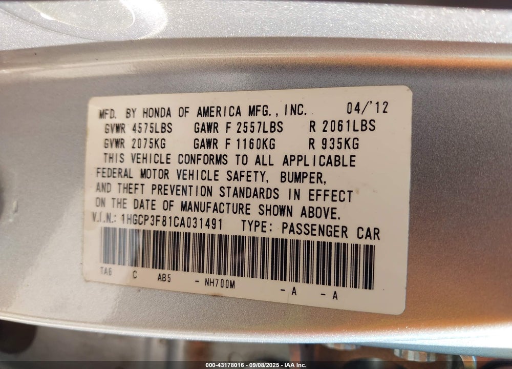 2012 HONDA ACCORD VIN: 1HGCP3F81CA031491