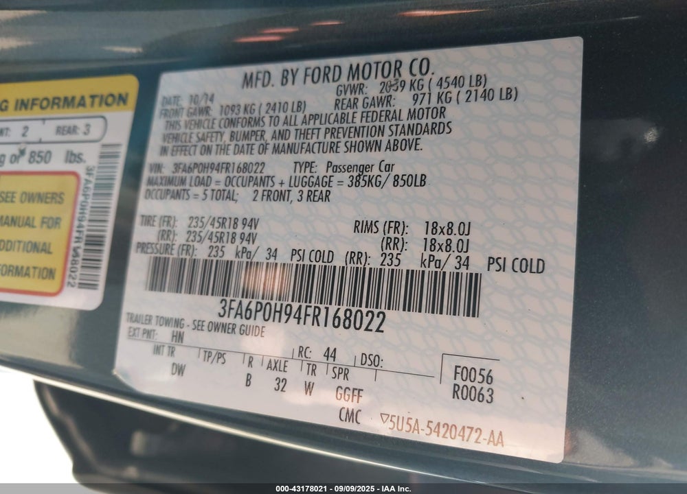 2015 FORD FUSION VIN: 3FA6P0H94FR168022