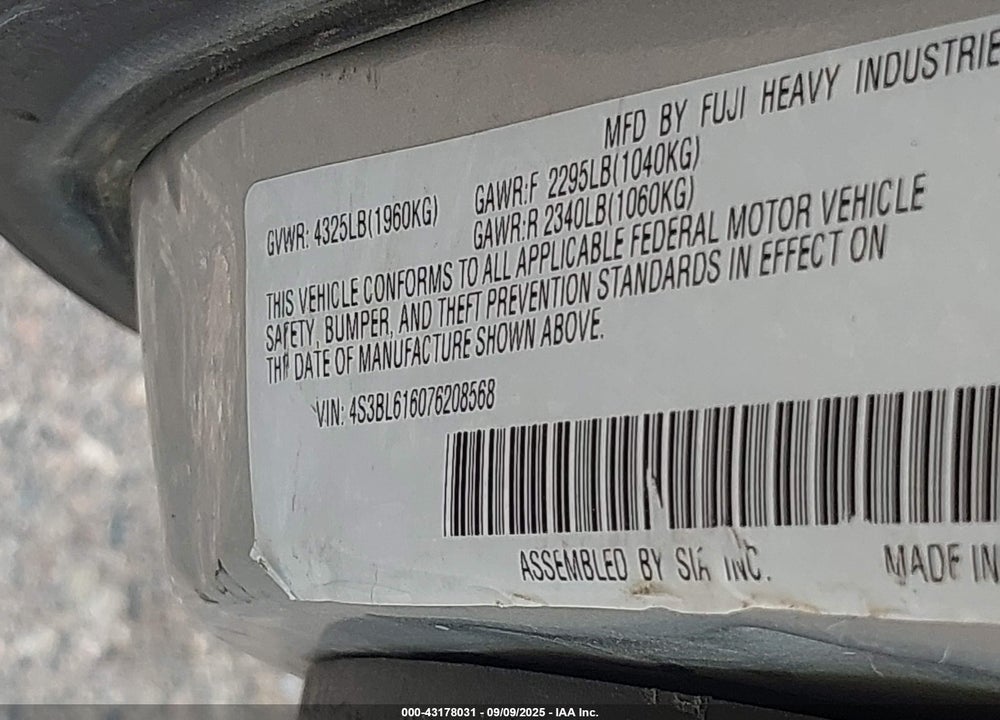 2006 SUBARU LEGACY VIN: 4S3BL676466201533