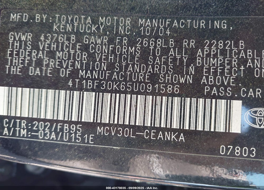 2005 TOYOTA CAMRY LE V6 VIN: 4T1BF30K65U091586