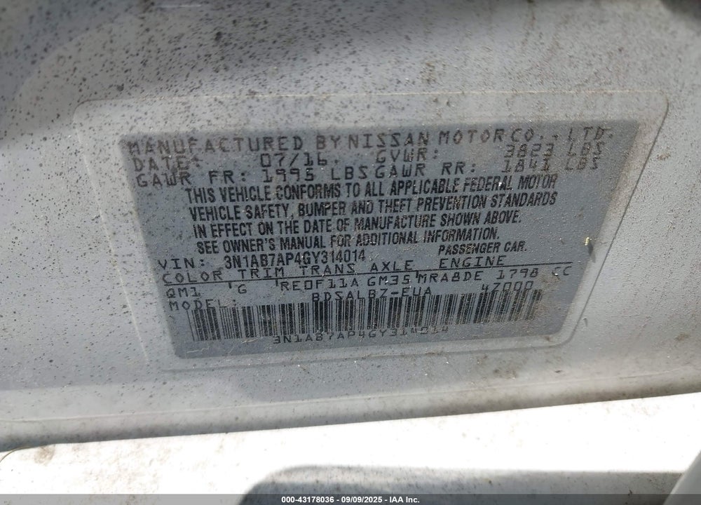 2016 NISSAN SENTRA VIN: 3N1AB7AP4GY314014