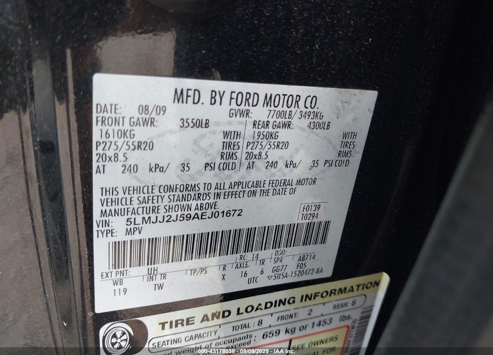 2010 LINCOLN NAVIGATOR VIN: 5LMJJ2J59AEJ01672
