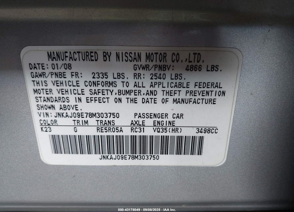 2008 INFINITI EX35 VIN: JNKAJ09E78M303750