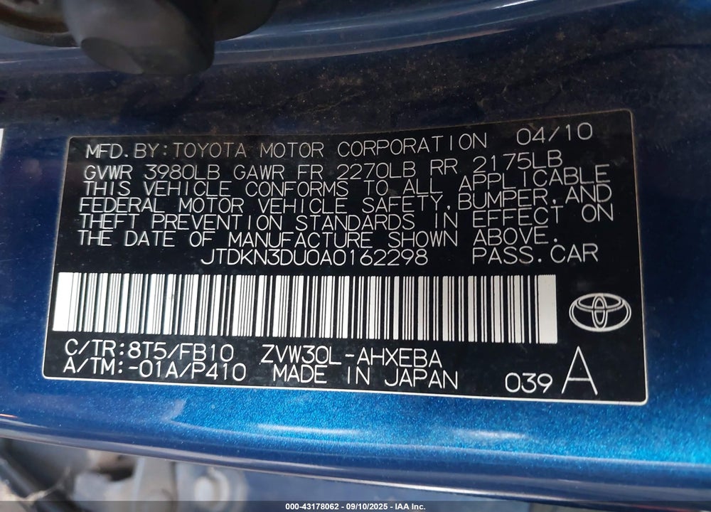 2010 TOYOTA PRIUS VIN: JTDKN3DU0A0162298