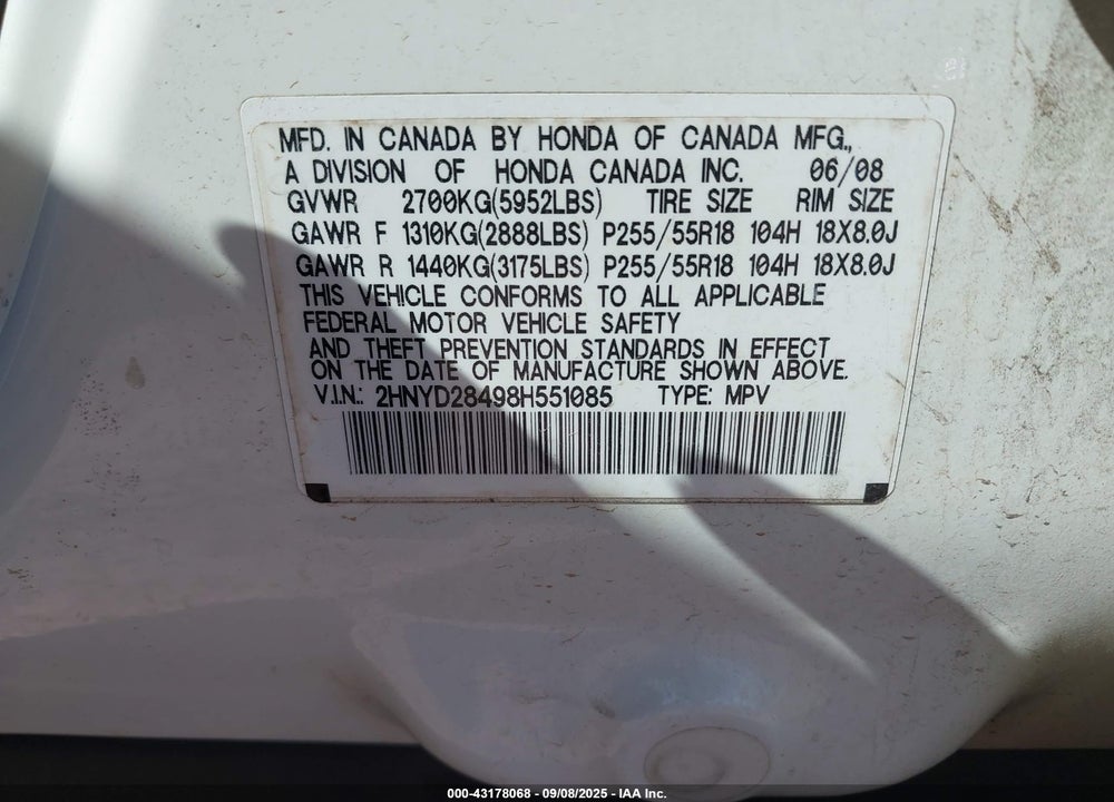 2008 ACURA MDX VIN: 2HNYD28498H551085