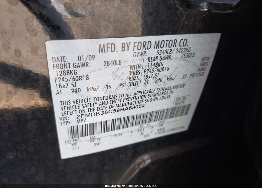 2009 FORD EDGE SEL VIN: 2FMDK38C59BA68054