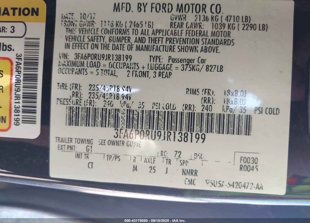 2018 FORD FUSION HYBRID TITANIUM VIN: 3FA6P0RU9JR138199