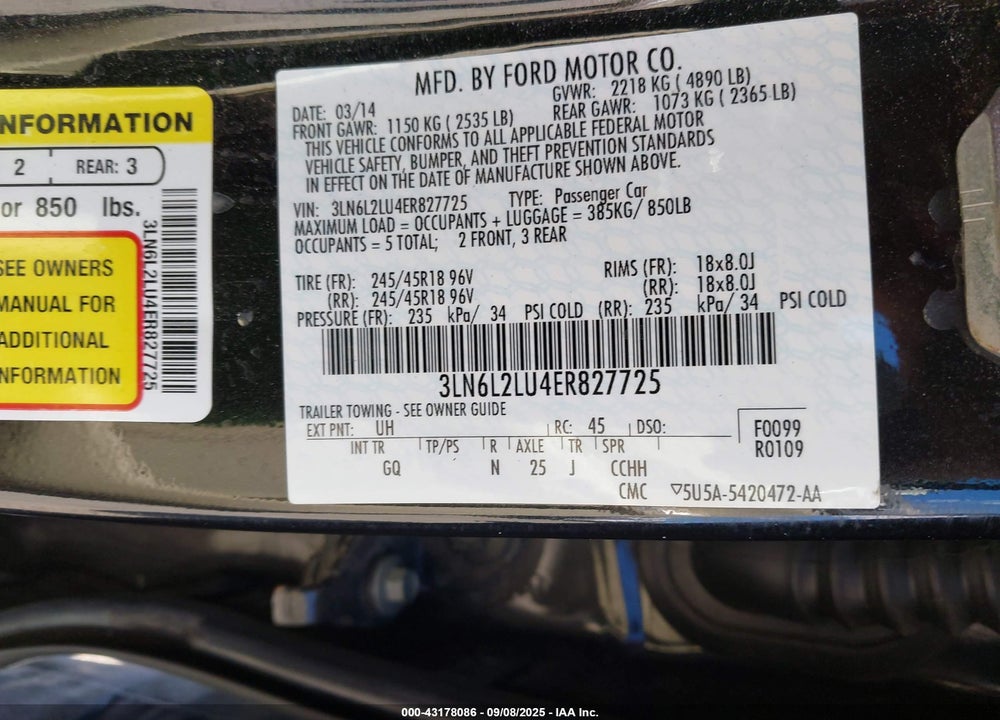2014 LINCOLN MKZ VIN: 3LN6L2LU4ER827725