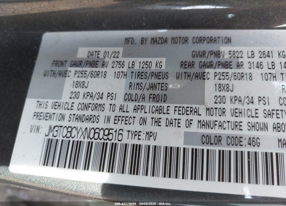 2022 MAZDA CX-9 VIN: JM3TCBCYXN0609516