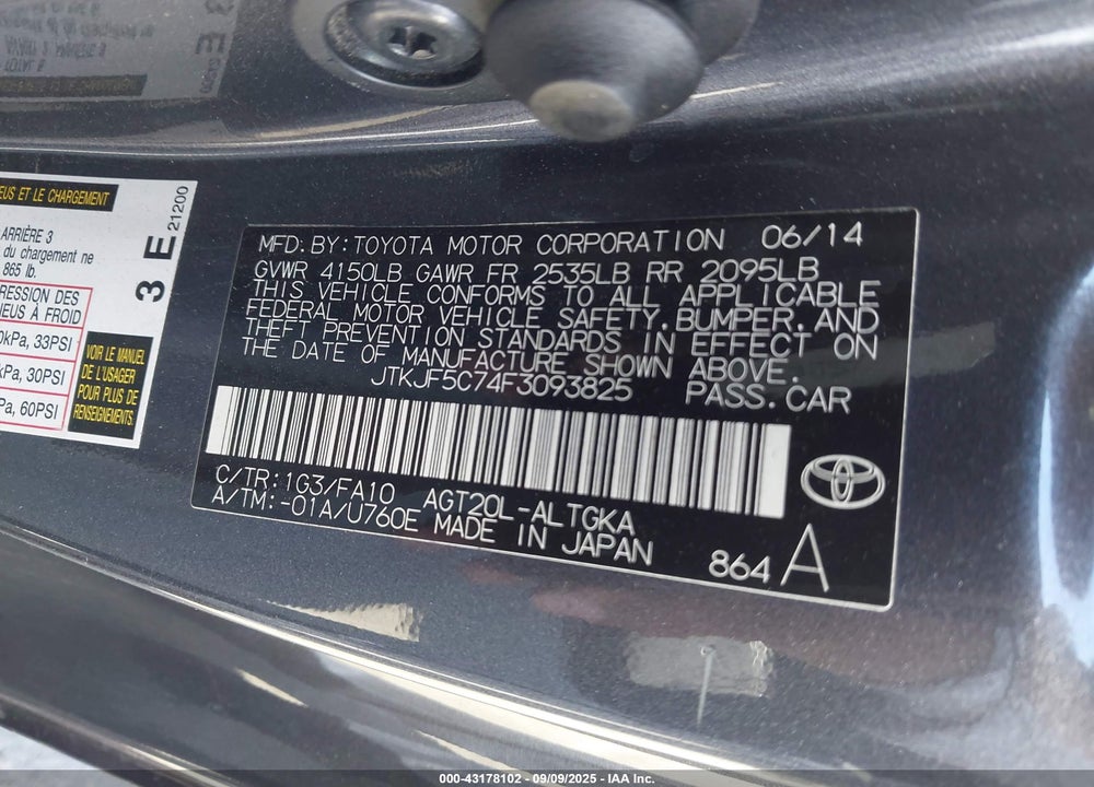 2015 SCION TC VIN: JTKJF5C74F3093825