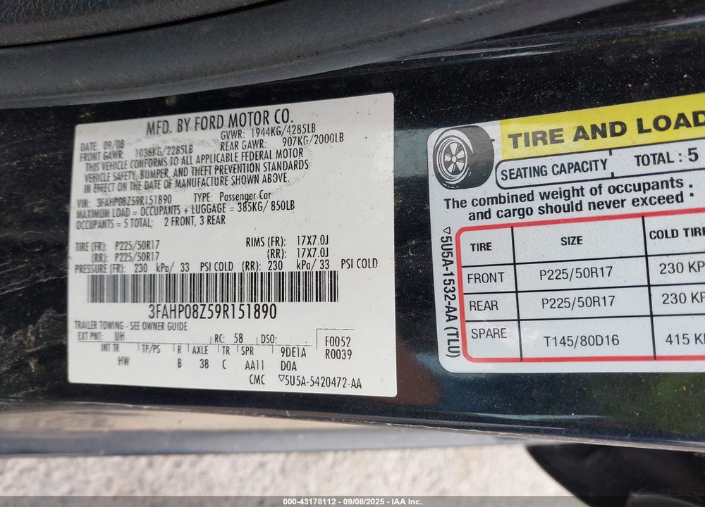 2009 FORD FUSION VIN: 3FAHP08Z59R151890
