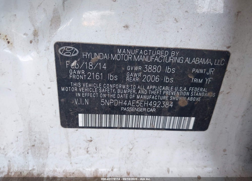 2014 HYUNDAI ELANTRA LIMITED VIN: 5NPDH4AE5EH492384