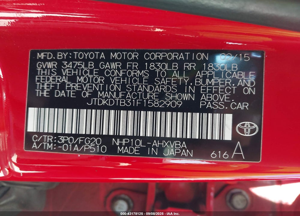 2015 TOYOTA PRIUS C TWO VIN: JTDKDTB31F1582909