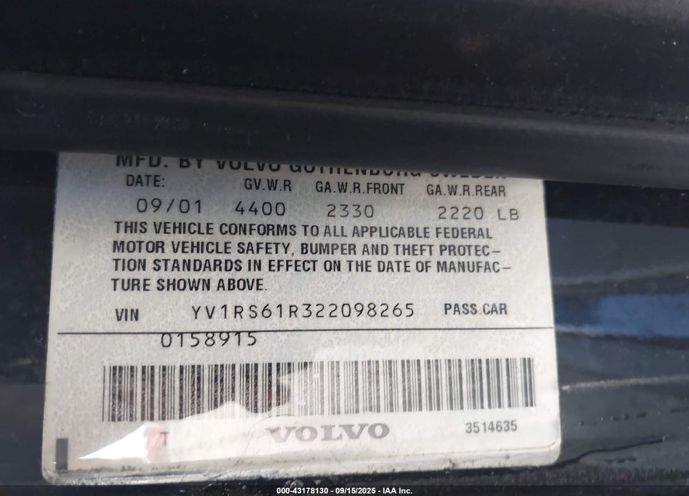 2002 VOLVO S60 2.4 VIN: YV1RS61R322098265