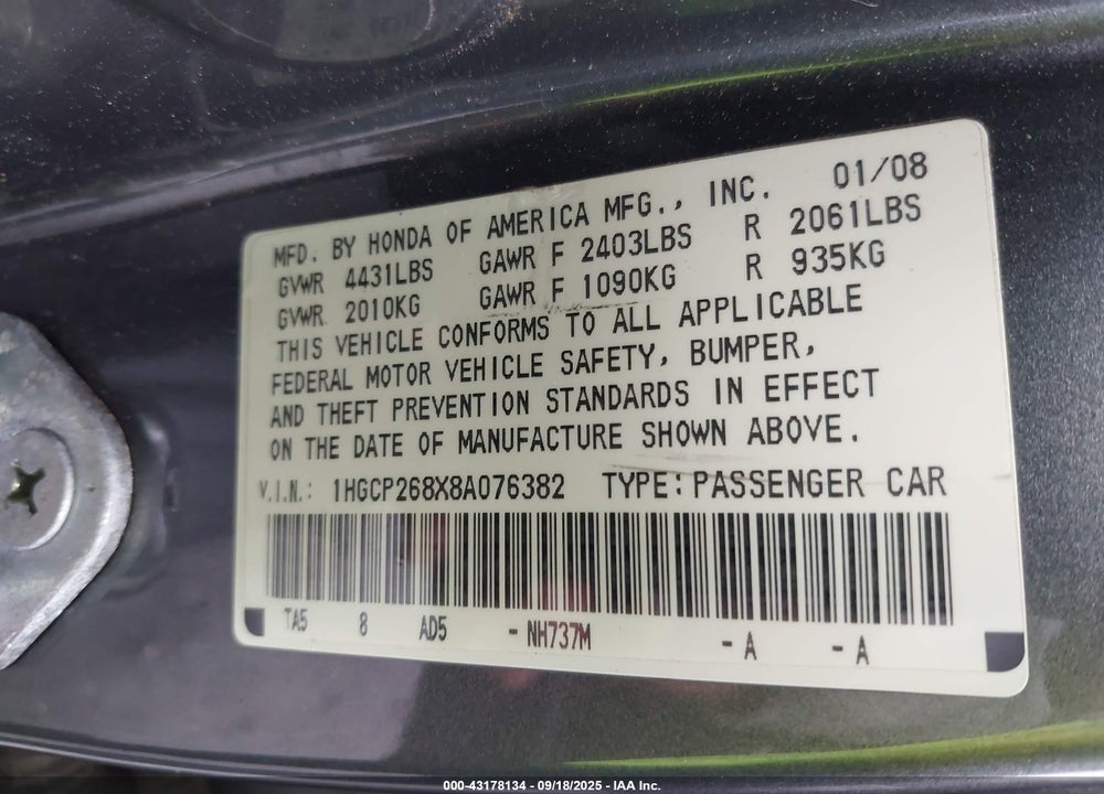 2008 HONDA ACCORD 2.4 EX-L VIN: 1HGCP268X8A076382