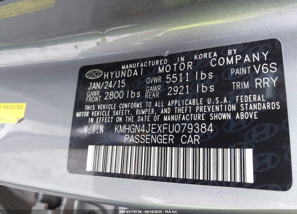 2015 HYUNDAI GENESIS VIN: KMHGN4JEXFU079384
