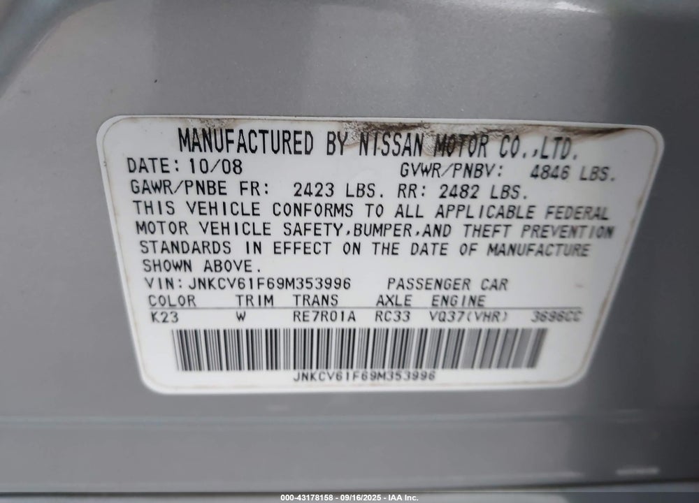 2009 INFINITI G37 VIN: JNKCV61F69M353996