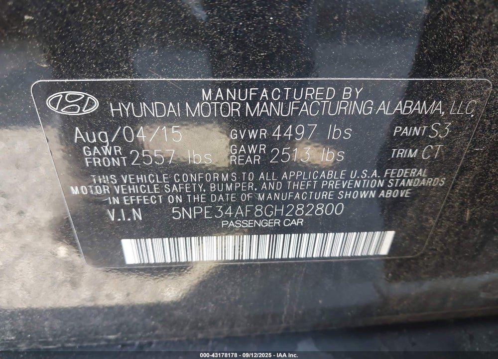 2016 HYUNDAI SONATA LIMITED VIN: 5NPE34AF8GH282800