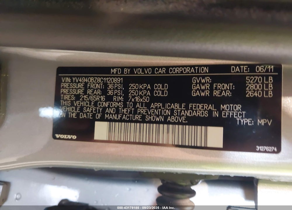 2012 VOLVO XC70 VIN: YV4940BZ8C1120891