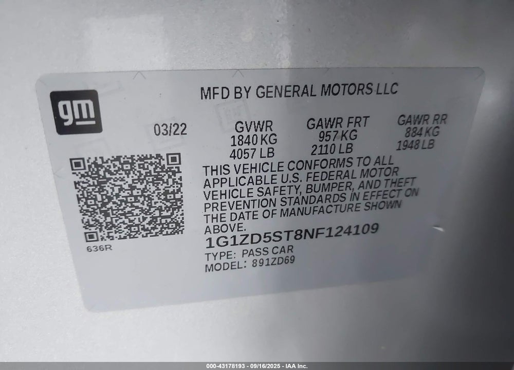 2022 CHEVROLET MALIBU VIN: 1G1ZD5ST8NF124109