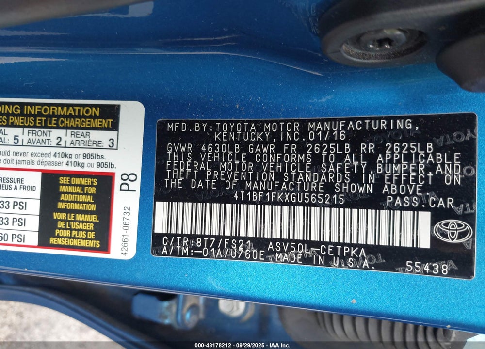 2016 TOYOTA CAMRY SE VIN: 4T1BF1FKXGU565215