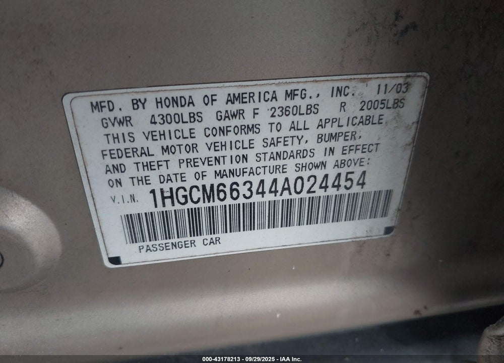 2004 HONDA ACCORD 3.0 LX VIN: 1HGCM66344A024454