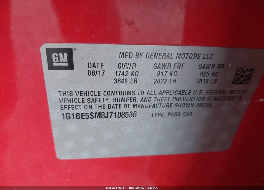 2018 CHEVROLET CRUZE LT AUTO VIN: 1G1BE5SM8J7108536