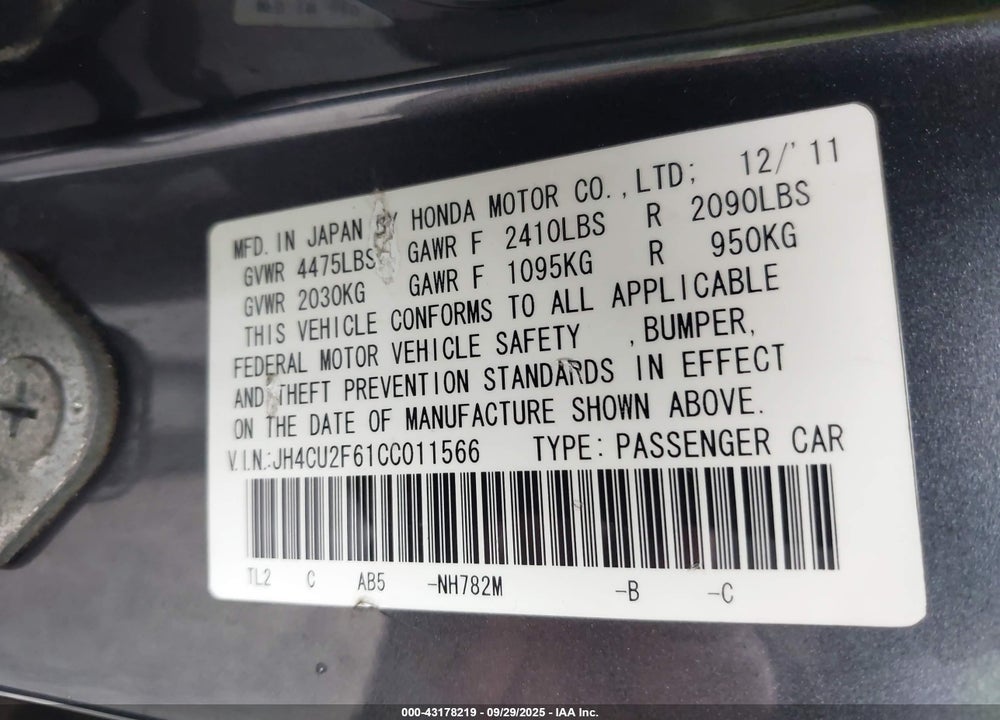 2012 ACURA TSX VIN: JH4CU2F61CC011566