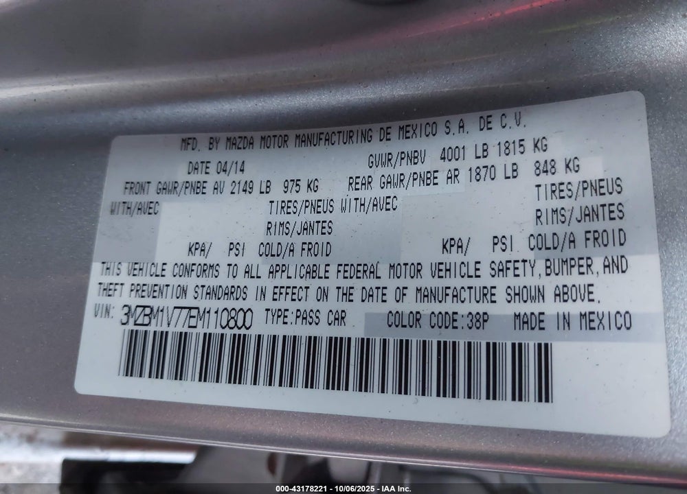 2014 MAZDA 3 I TOURING VIN: 3MZBM1V77EM110800