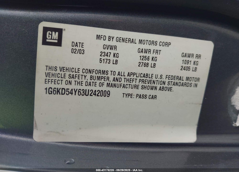 2003 CADILLAC DEVILLE STANDARD VIN: 1G6KD54Y63U242009