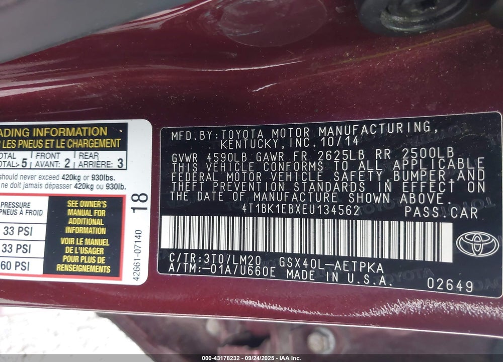 2014 TOYOTA AVALON VIN: 4T1BK1EBXEU134562