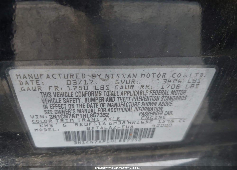 2017 NISSAN VERSA VIN: 3N1CN7AP1HL857352