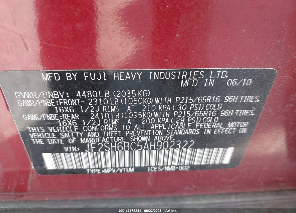 2010 SUBARU FORESTER VIN: JF2SH6BC5AH902322