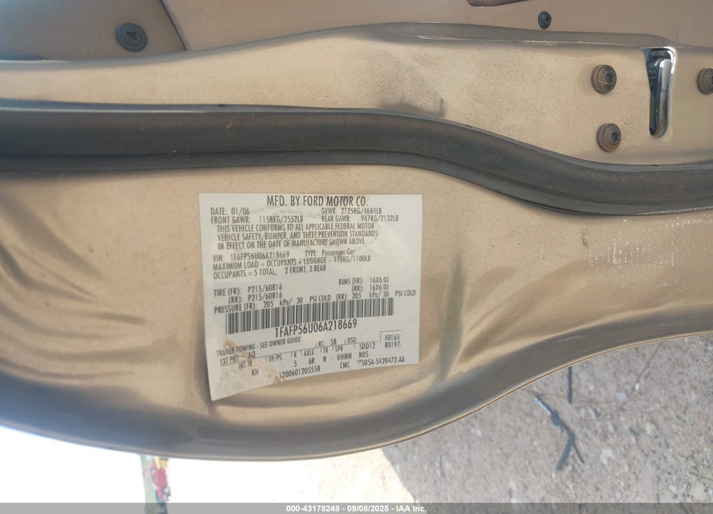 2006 FORD TAURUS SEL VIN: 1FAFP56U06A218669