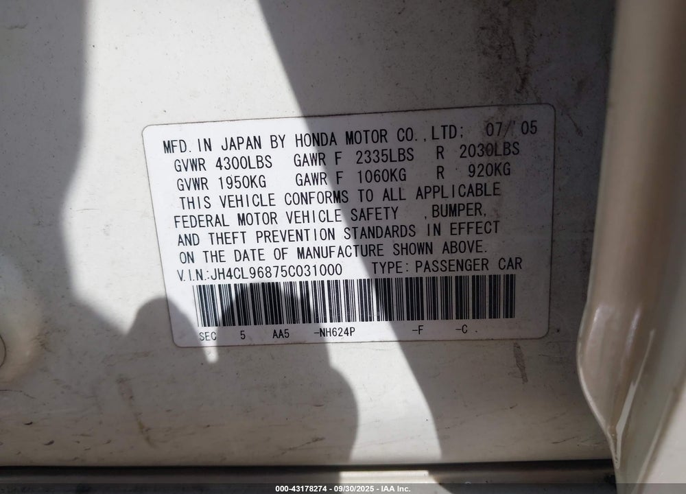 2005 ACURA TSX VIN: JH4CL96875C031000