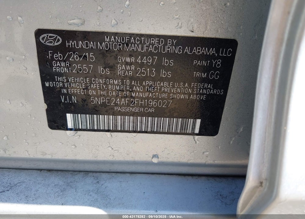 2015 HYUNDAI SONATA VIN: 5NPE24AF2FH196027
