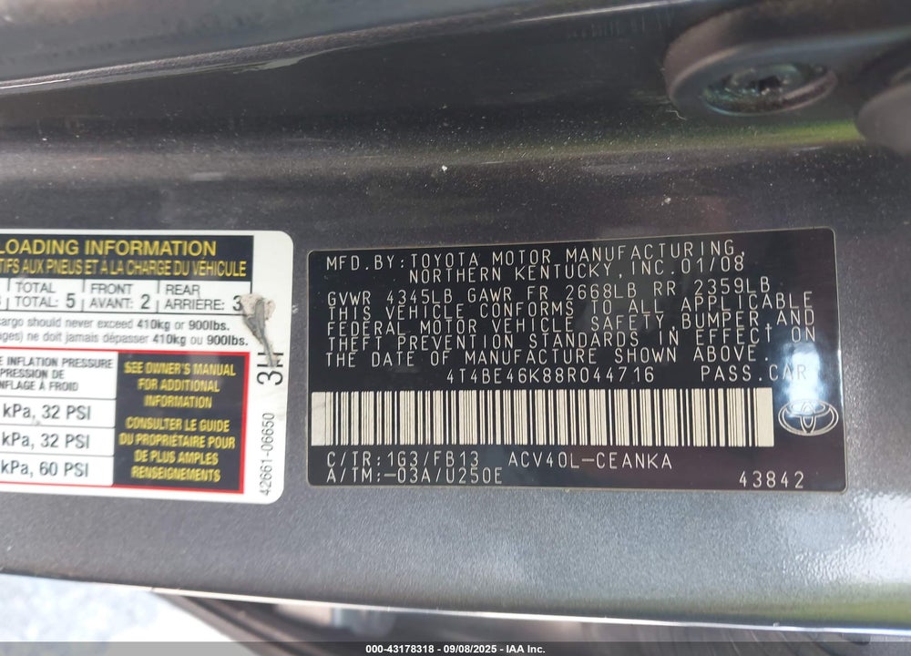 2008 TOYOTA CAMRY LE VIN: 4T4BE46K88R044716